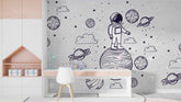 Space planet wallpaper for children’s bedroom with cartoon planets and galaxy elements.